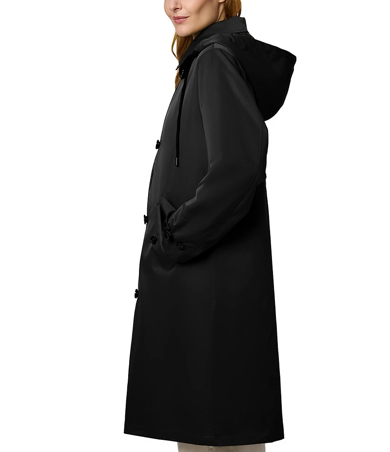 Bernardo Solid Water Resistant Hooded Shirt Collar Zip Front Long Raincoat