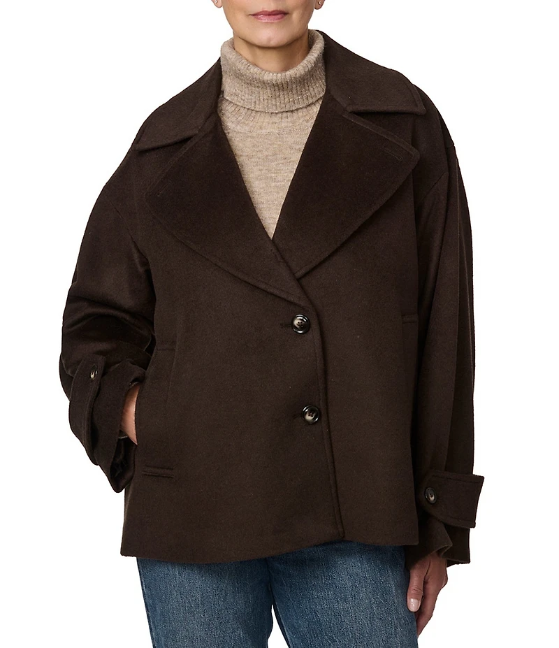 Bernardo Solid Wool Blend Notch Collar Button Front Cropped Peacoat