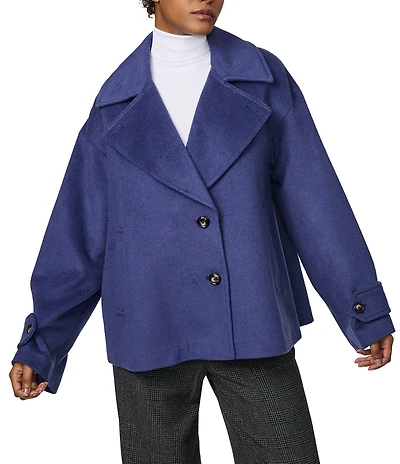 Bernardo Solid Wool Blend Notch Collar Button Front Cropped Peacoat