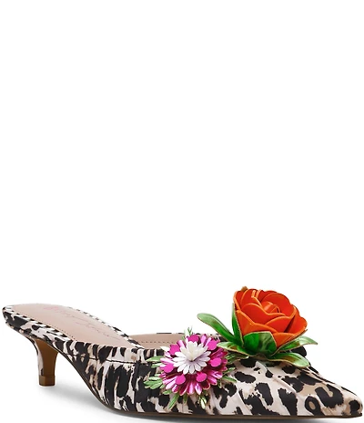 Betsey Johnson Abigayl Leopard Flower Ornament Kitten Heel Mules