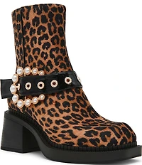 Betsey Johnson Asher Leopard Pearl Buckle Mid Calf Boots