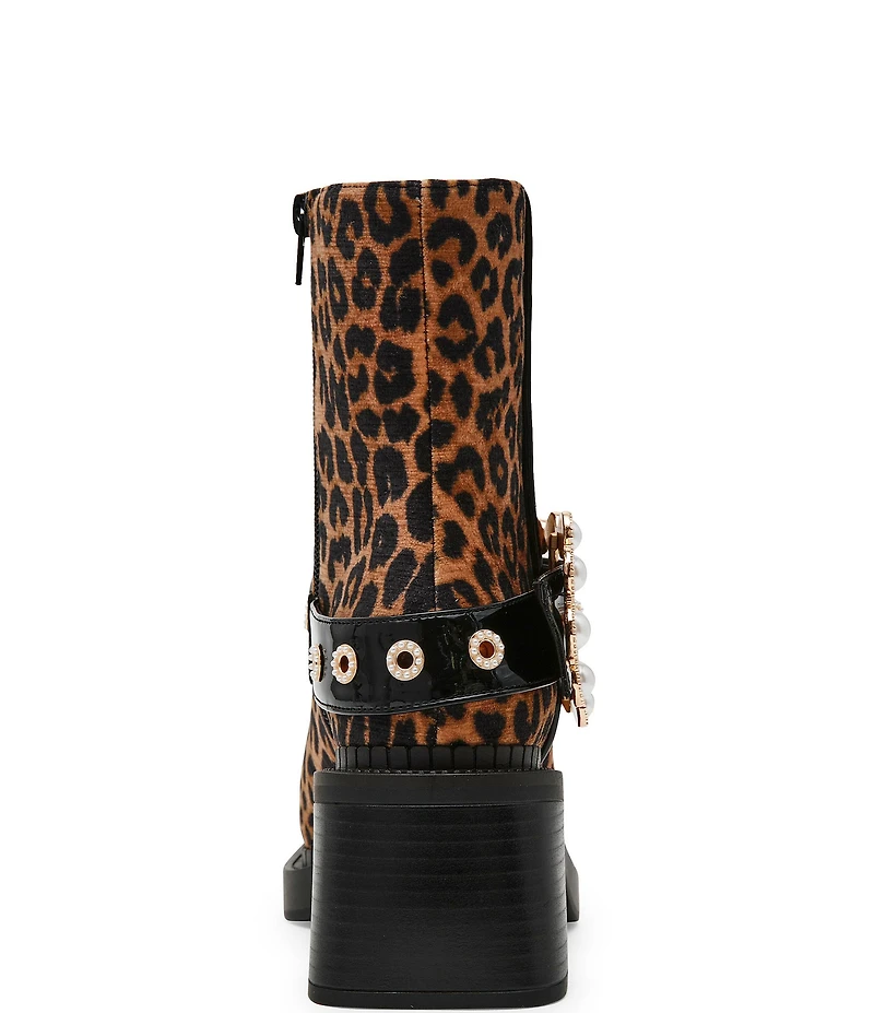 Betsey Johnson Asher Leopard Pearl Buckle Mid Calf Boots
