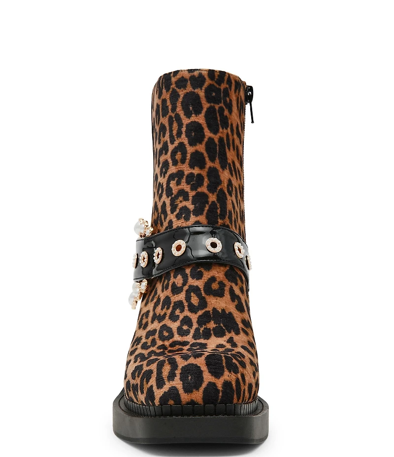 Betsey Johnson Asher Leopard Pearl Buckle Mid Calf Boots