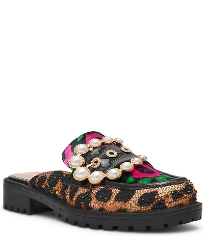 Betsey Johnson Barton Leopard Floral Pearl Ornament Buckle Loafer Mules