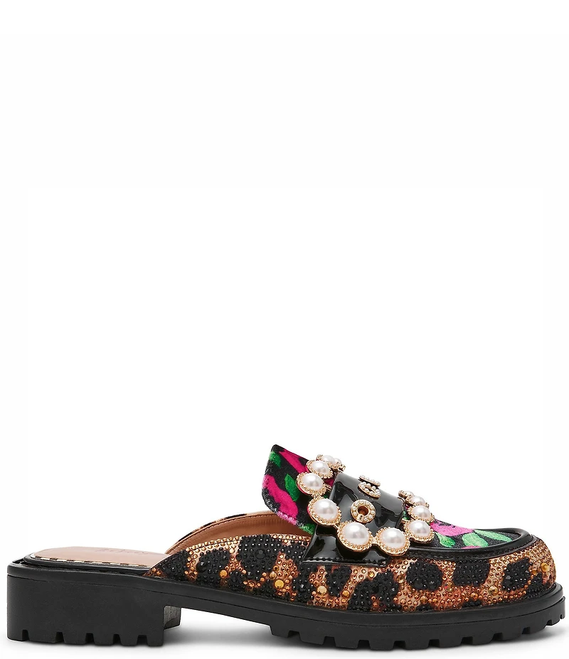 Betsey Johnson Barton Leopard Floral Pearl Ornament Buckle Loafer Mules