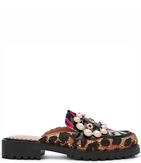 Betsey Johnson Barton Leopard Floral Pearl Ornament Buckle Loafer Mules