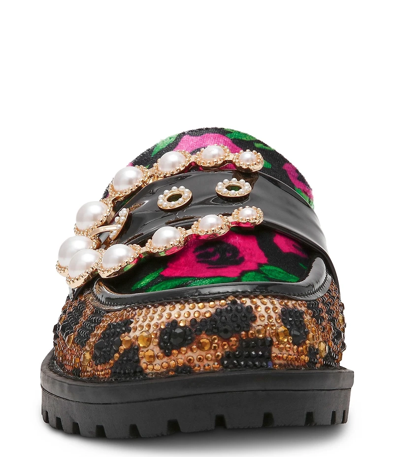 Betsey Johnson Barton Leopard Floral Pearl Ornament Buckle Loafer Mules