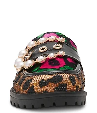 Betsey Johnson Barton Leopard Floral Pearl Ornament Buckle Loafer Mules