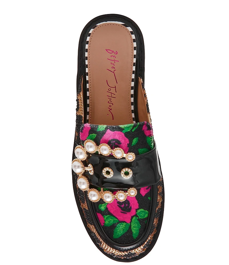 Betsey Johnson Barton Leopard Floral Pearl Ornament Buckle Loafer Mules