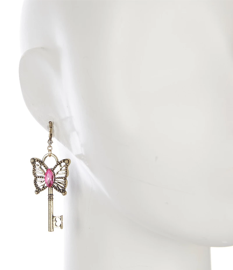 Betsey Johnson Boho Butterfly Lock & Key Crystal Mismatched Novelty Drop Earrings