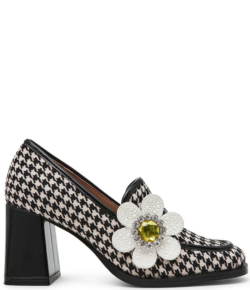 Betsey Johnson Casandra Houndstooth Rhinestone Embellished Flower Block Heel Loafers