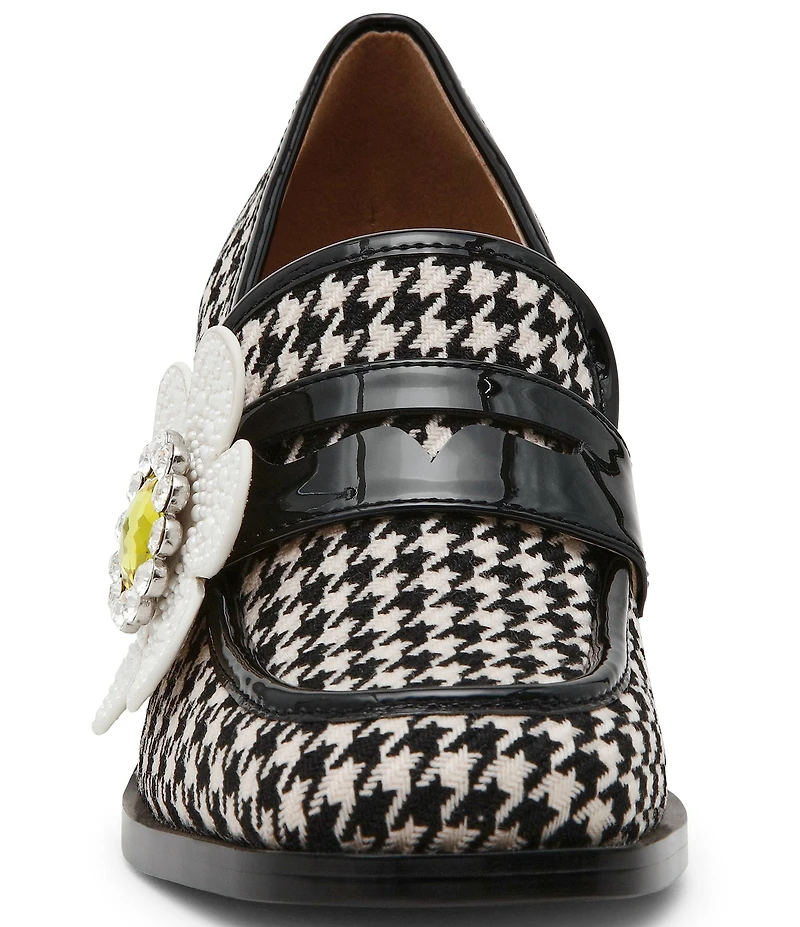 Betsey Johnson Casandra Houndstooth Rhinestone Embellished Flower Block Heel Loafers