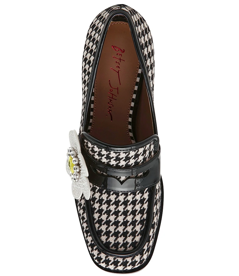 Betsey Johnson Casandra Houndstooth Rhinestone Embellished Flower Block Heel Loafers