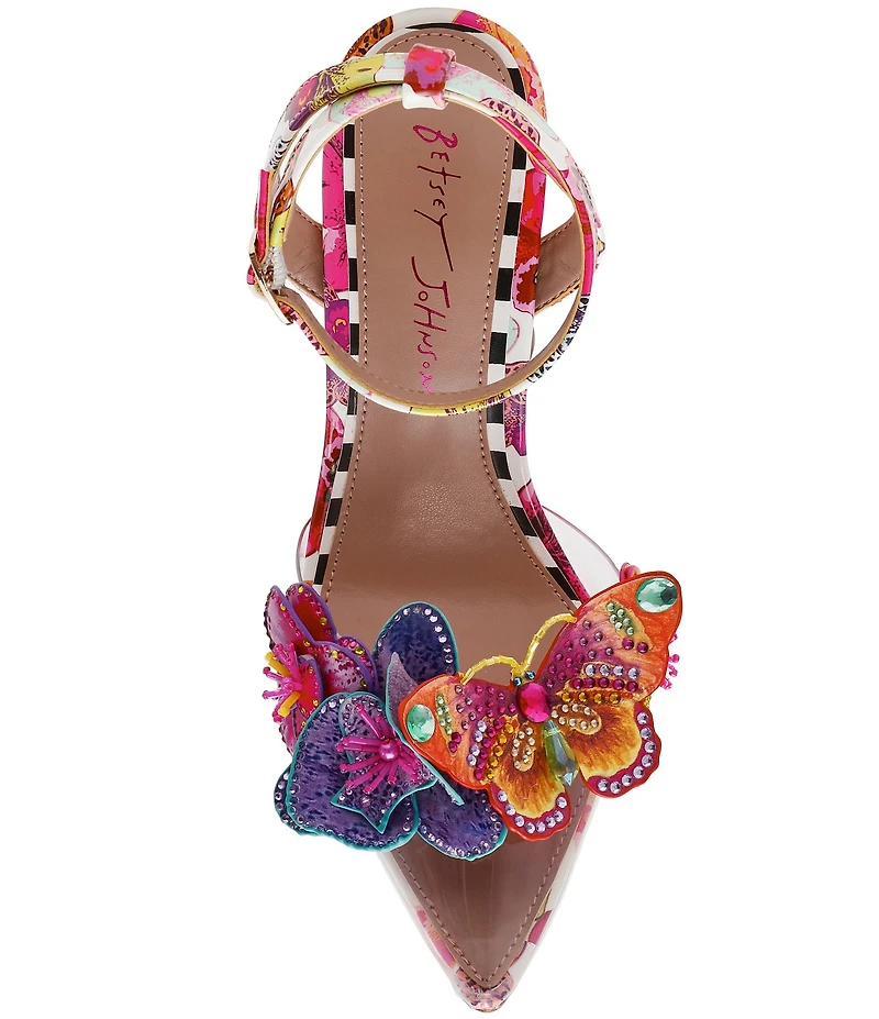 Betsey Johnson Chelsie Clear Beaded Flower and Butterfly Ornamented Dress Pumps