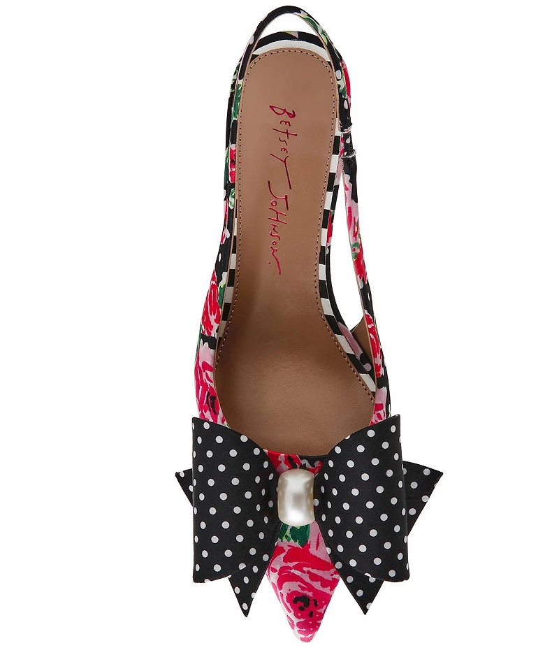 Betsey Johnson Claira Dotted Floral Pearl Oversized Bow Slingback Pumps