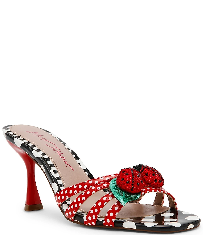 Betsey Johnson Cloverr Patent Strappy Polka Dot Rhinestone Ladybug Ornament Dress Slide Sandals