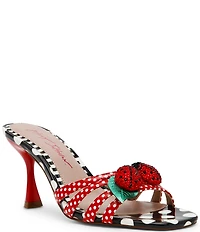 Betsey Johnson Cloverr Patent Strappy Polka Dot Rhinestone Ladybug Ornament Dress Slide Sandals