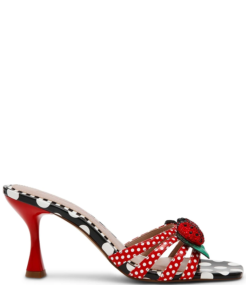 Betsey Johnson Cloverr Patent Strappy Polka Dot Rhinestone Ladybug Ornament Dress Slide Sandals