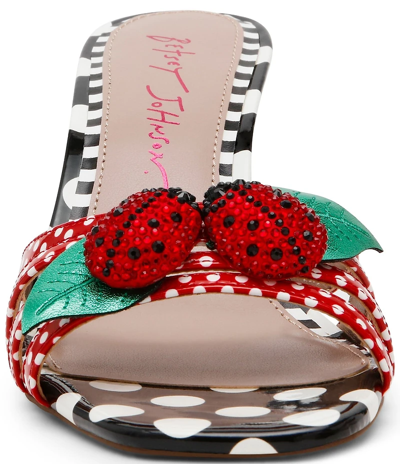 Betsey Johnson Cloverr Patent Strappy Polka Dot Rhinestone Ladybug Ornament Dress Slide Sandals