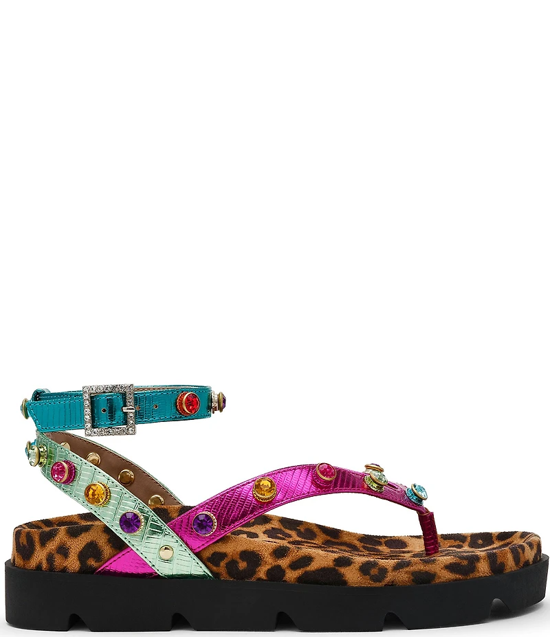 Betsey Johnson Conley Multi Metallic Jewel Leopard Print Thong Sandals