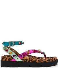 Betsey Johnson Conley Multi Metallic Jewel Leopard Print Thong Sandals