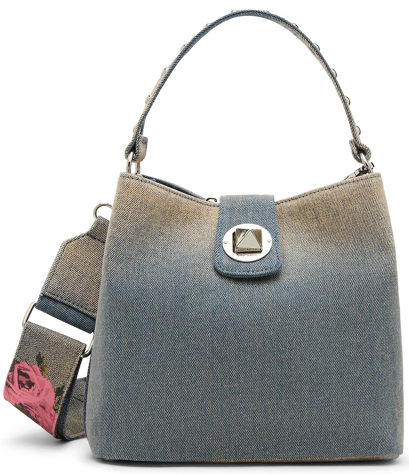 Betsey Johnson Denim Turnlock Dome Studded Handle Bucket Bag
