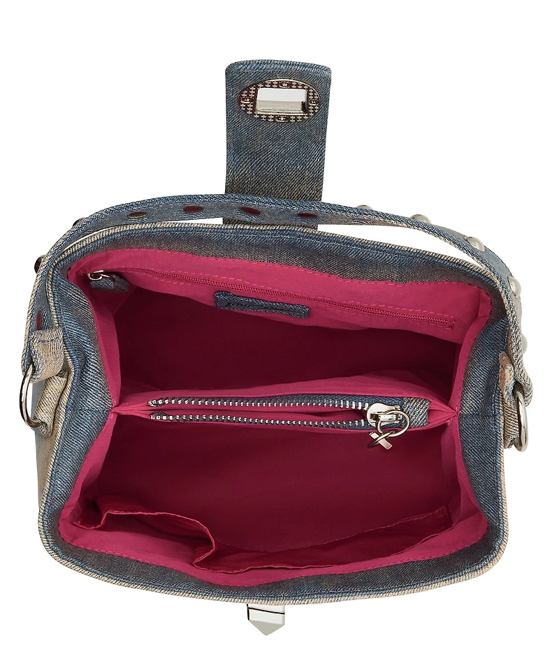 Betsey Johnson Denim Turnlock Dome Studded Handle Bucket Bag