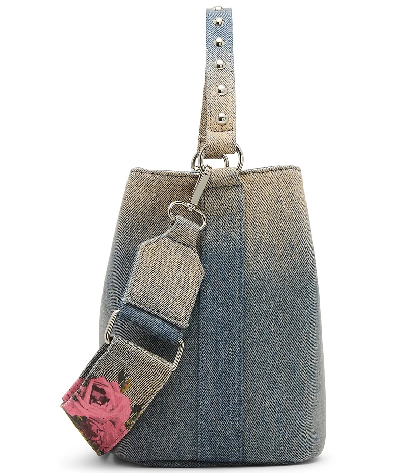 Betsey Johnson Denim Turnlock Dome Studded Handle Bucket Bag