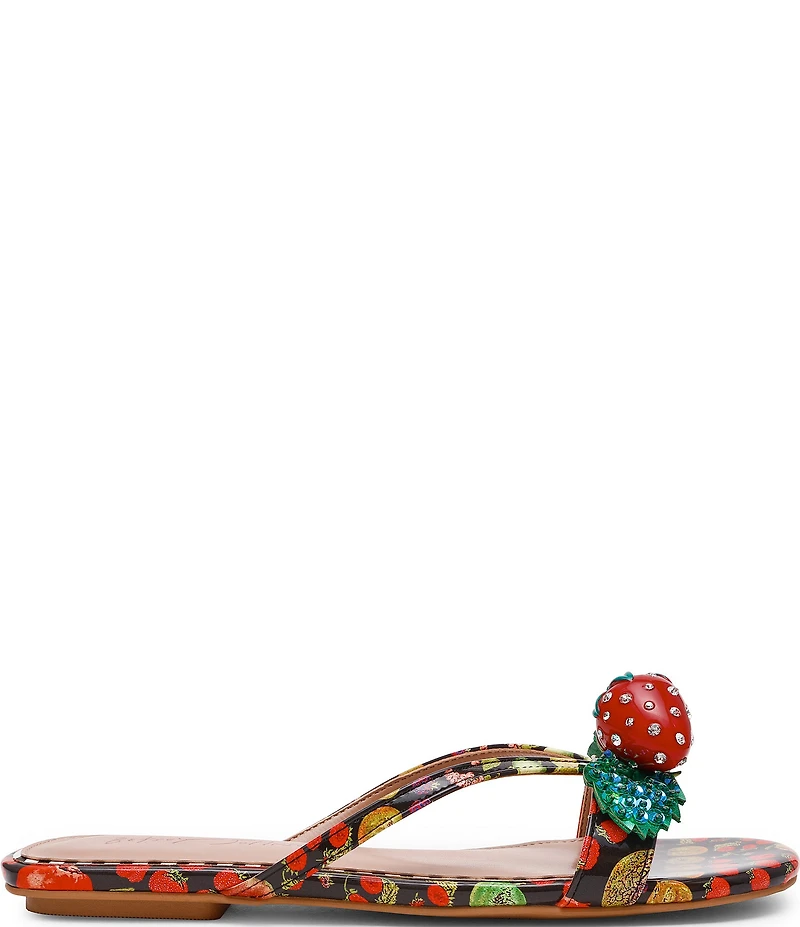 Betsey Johnson Garrik Fruit Print Rhinestone Strawberry Flat Sandals