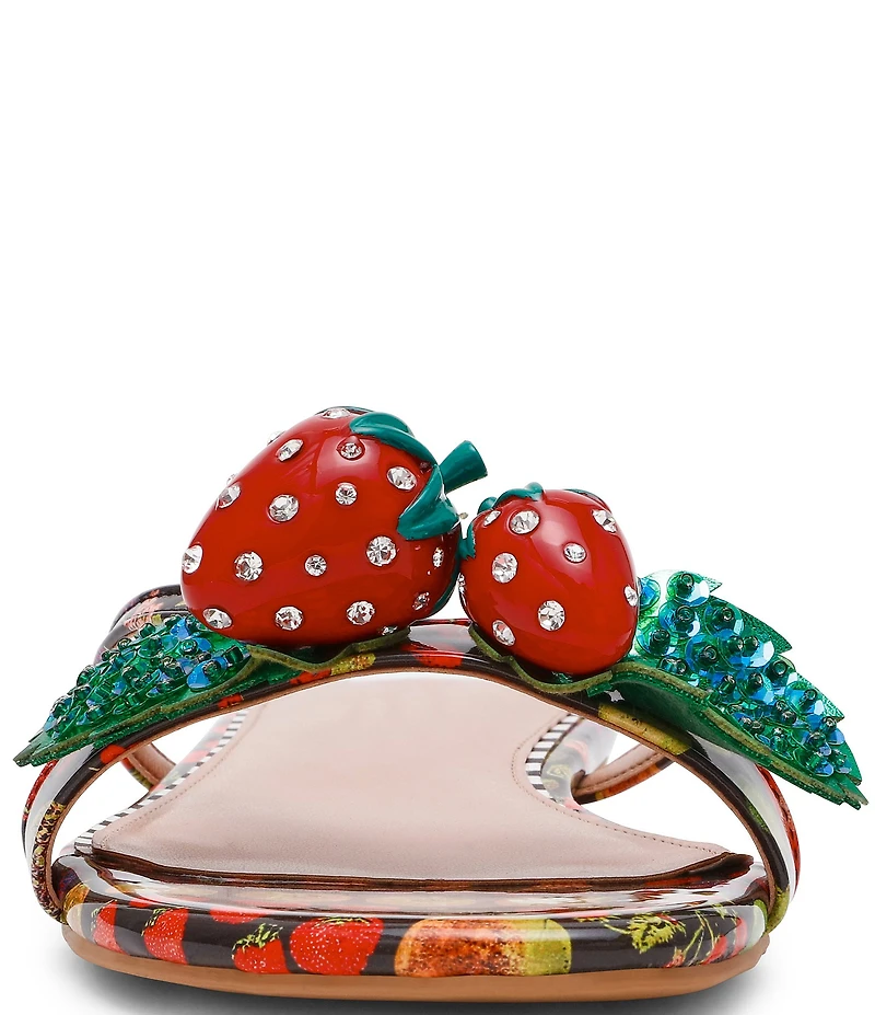 Betsey Johnson Garrik Fruit Print Rhinestone Strawberry Flat Sandals
