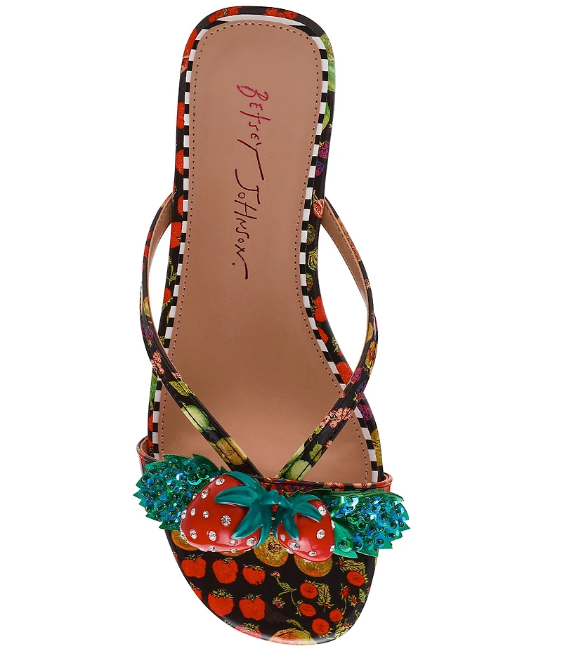 Betsey Johnson Garrik Fruit Print Rhinestone Strawberry Flat Sandals