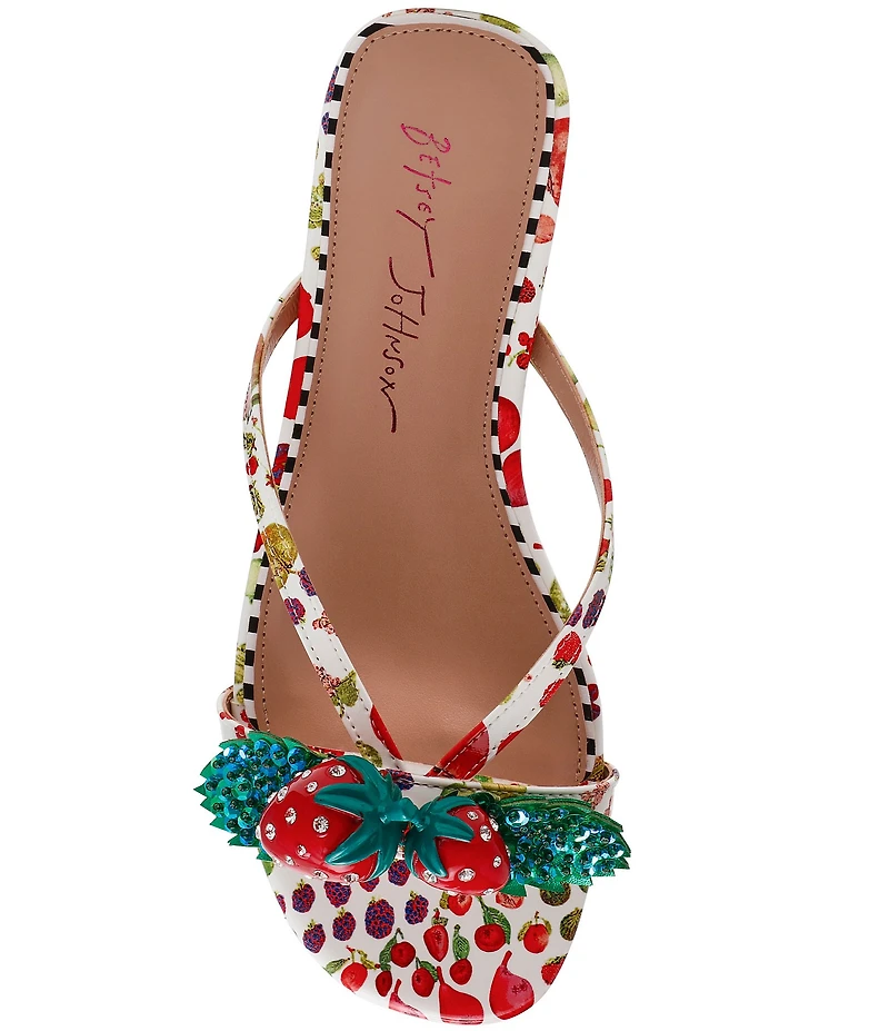 Betsey Johnson Garrik Fruit Print Rhinestone Strawberry Flat Sandals