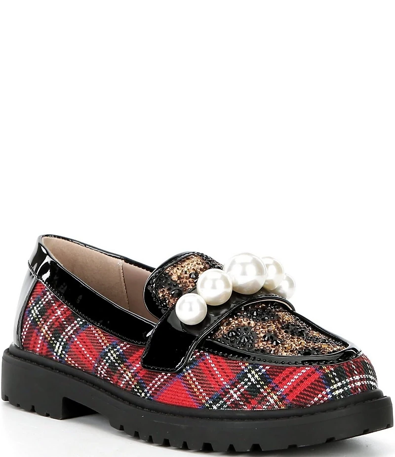 Betsey Johnson Girls' Harlo Plaid and Leopard Pearl Ornamented Loafers (Youth)