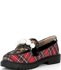 Betsey Johnson Girls' Harlo Plaid and Leopard Pearl Ornamented Loafers (Youth)
