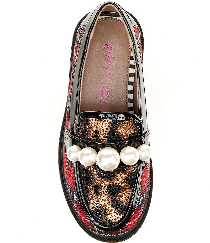 Betsey Johnson Girls' Harlo Plaid and Leopard Pearl Ornamented Loafers (Youth)