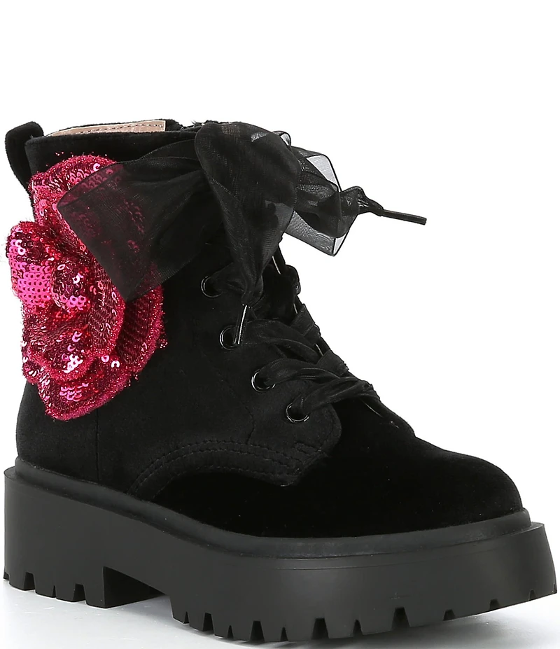 Betsey Johnson Girls' Piper Sequin Flower Moto Boots (Youth)