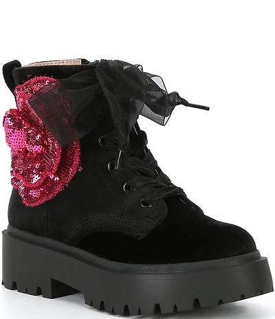 Betsey Johnson Girls' Piper Sequin Flower Moto Boots (Youth)
