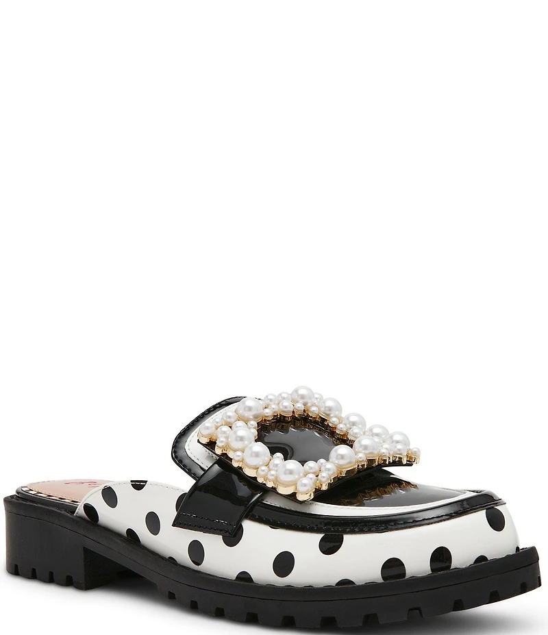 Betsey Johnson Grayce Patent Polka Dot Pearl Ornament Buckle Loafer Mules
