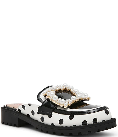 Betsey Johnson Grayce Patent Polka Dot Pearl Ornament Buckle Loafer Mules