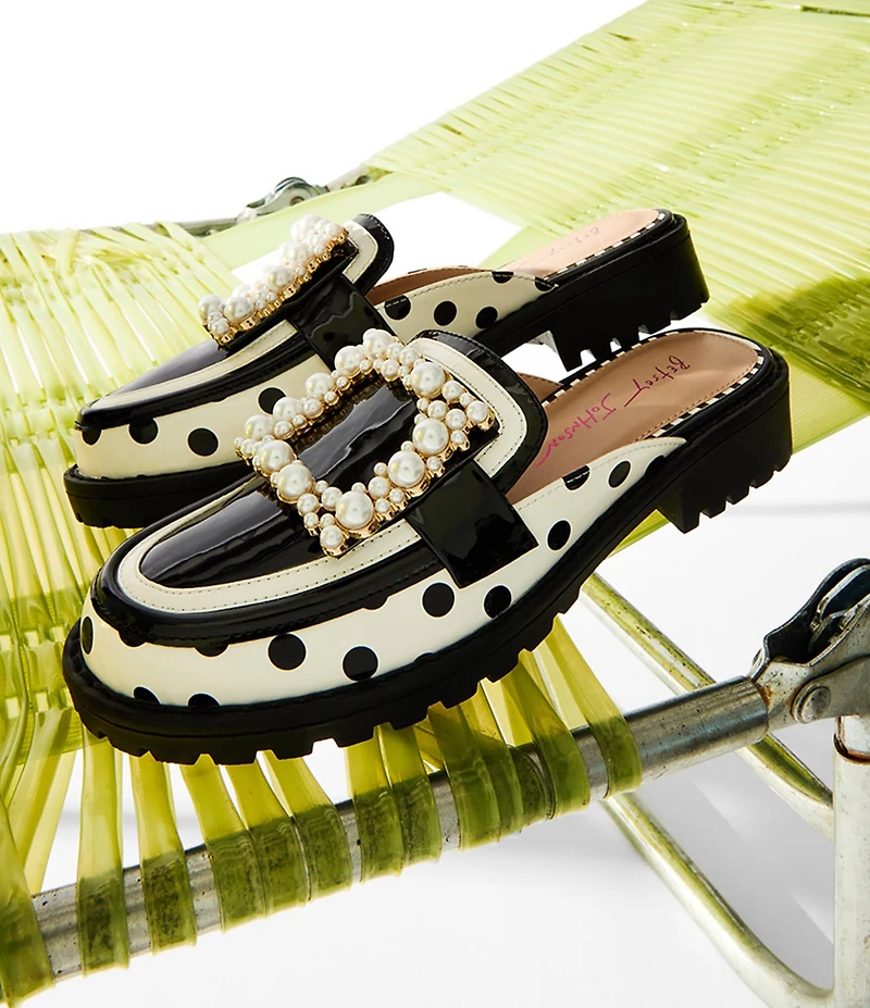 Betsey Johnson Grayce Patent Polka Dot Pearl Ornament Buckle Mules
