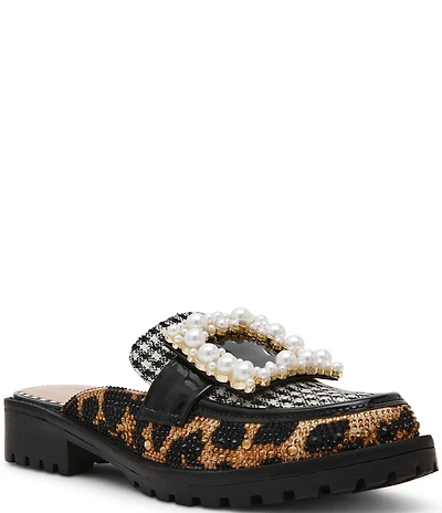 Betsey Johnson Grayce Multi Rhinestone Pearl Buckle Ornamented Loafer Mules