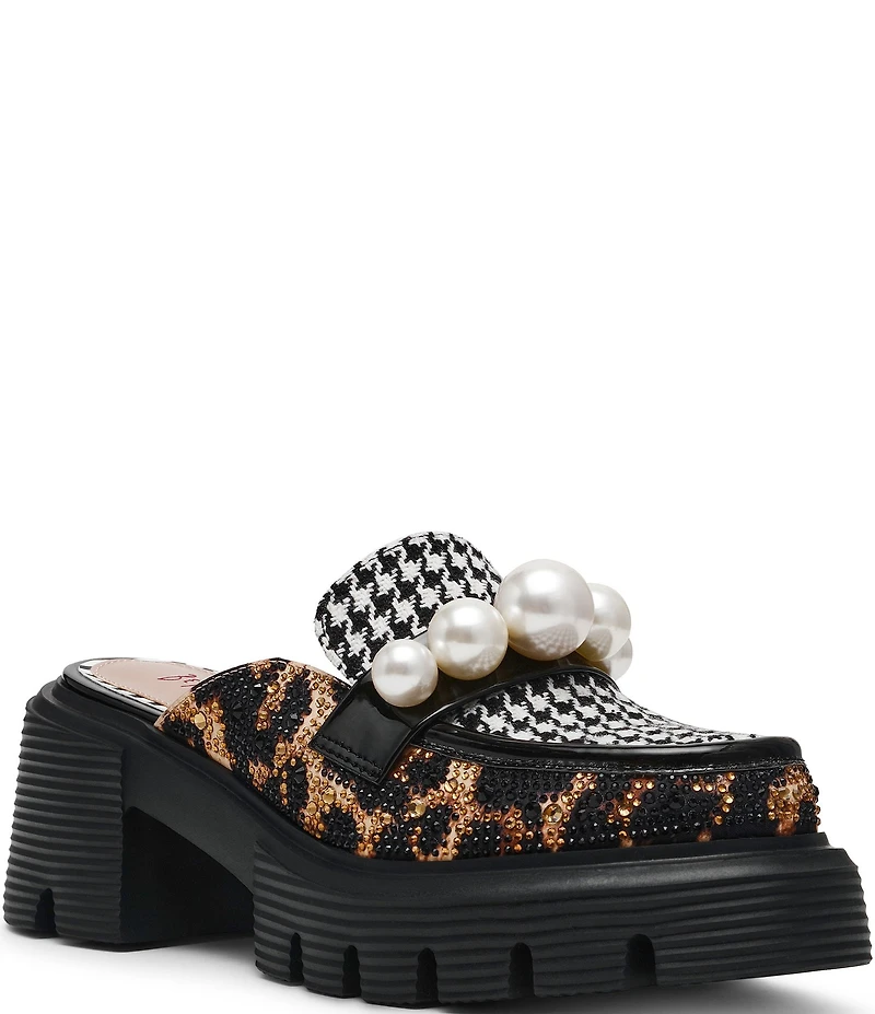 Betsey Johnson Haizel Houndstooth and Leopard Pearl Ornament Platform Loafer Mules