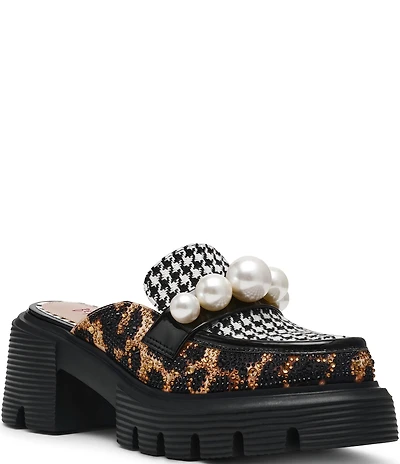 Betsey Johnson Haizel Houndstooth and Leopard Pearl Ornament Platform Loafer Mules