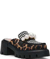 Betsey Johnson Haizel Houndstooth and Leopard Pearl Ornament Platform Loafer Mules