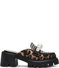Betsey Johnson Haizel Houndstooth and Leopard Pearl Ornament Platform Loafer Mules