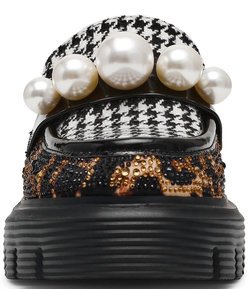 Betsey Johnson Haizel Houndstooth and Leopard Pearl Ornament Platform Loafer Mules