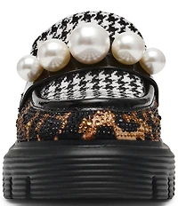 Betsey Johnson Haizel Houndstooth and Leopard Pearl Ornament Platform Loafer Mules