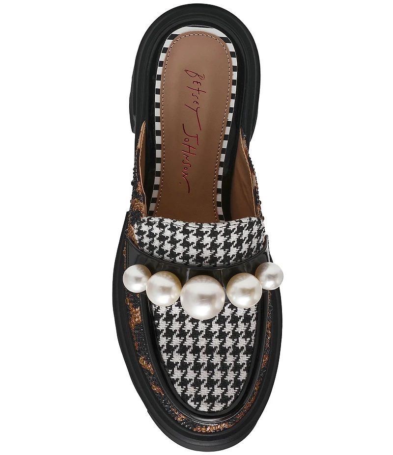 Betsey Johnson Haizel Houndstooth and Leopard Pearl Ornament Platform Loafer Mules