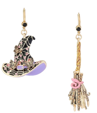Betsey Johnson Halloween Witchy Hat & Broomstick Drop Earrings