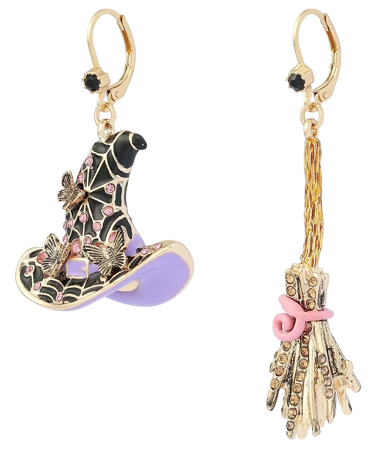 Betsey Johnson Halloween Witchy Hat & Broomstick Drop Earrings